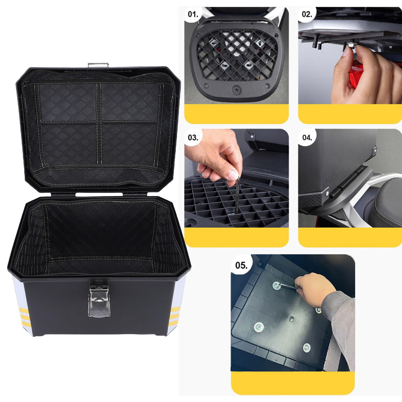 Luocute Bauletto per Moto da 45 Litri, Baule Universale in Plastica PP con Staccabile Resistente All'acqua, per Caschi e Deposito Bagagli