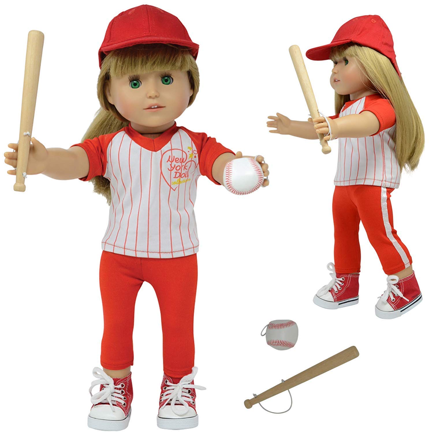 The New York Doll Collection Doll Baseball Set - Fits 18 Inch/46cm Dolls - Includes 2 pc Baseball Uniform Doll Baseball Bat, Doll Baseball and Doll Baseball Cap - Doll Clothes and Sports Accessories