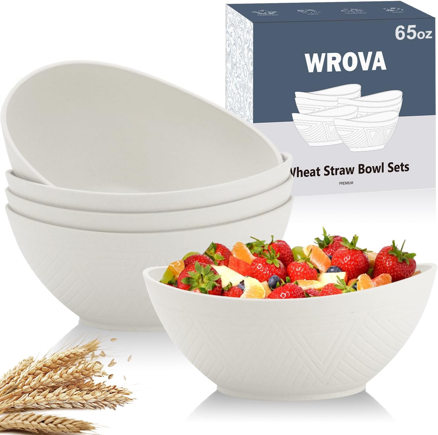 Wrova 65oz Large Salad Bowls Ivory - Wheat Straw Salad bowls Set of 4 - Unbreakable Salad Bowls Dishware & Microwave Safe - BPA Free Bowls for kitchen,camping 4 Pack Single White