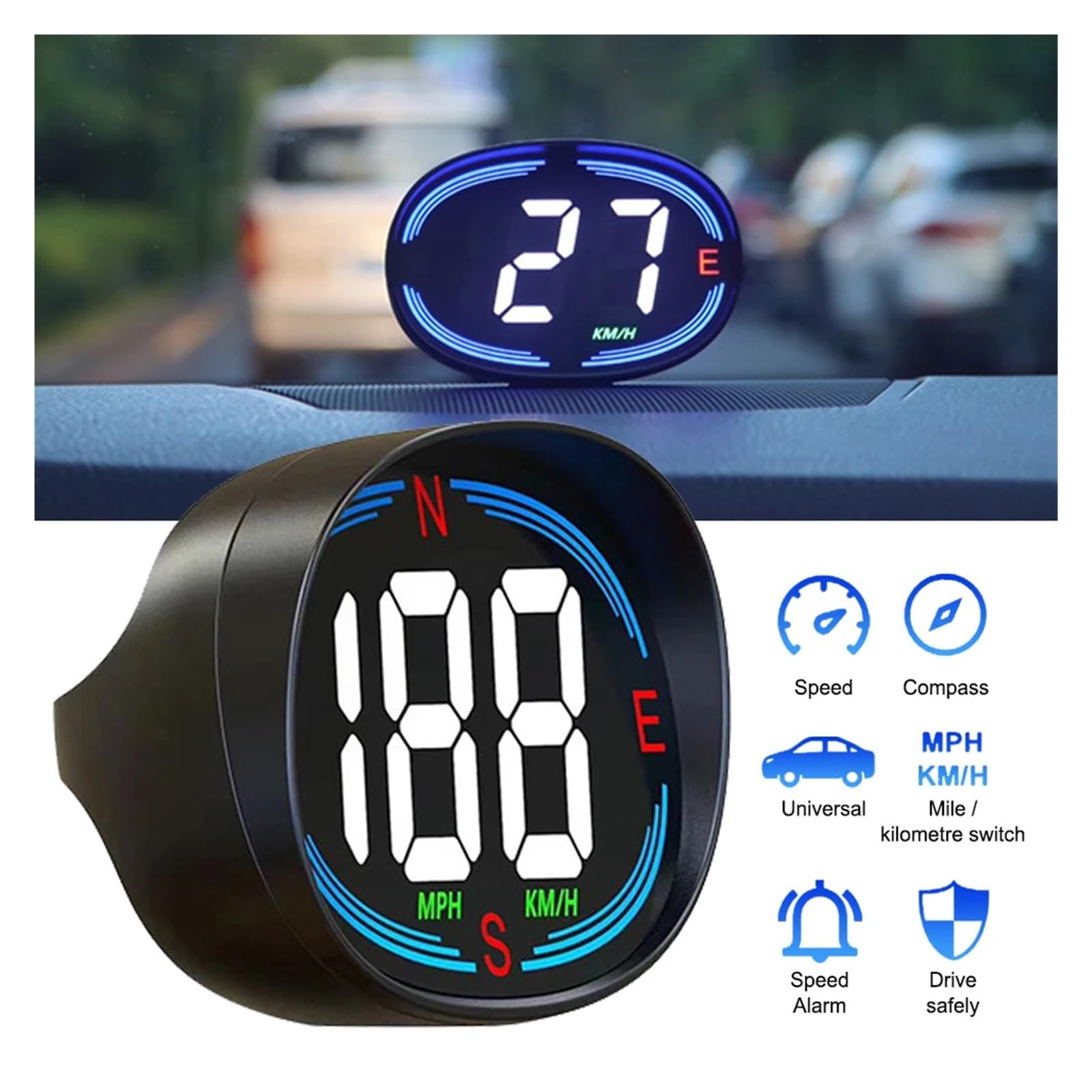 H2 Coche HUD GPS Head-Up Display Velocímetro Digital KMH MPH USB Plug And Play Brújula De Alarma De Exceso De Velocidad para todos los vehículos