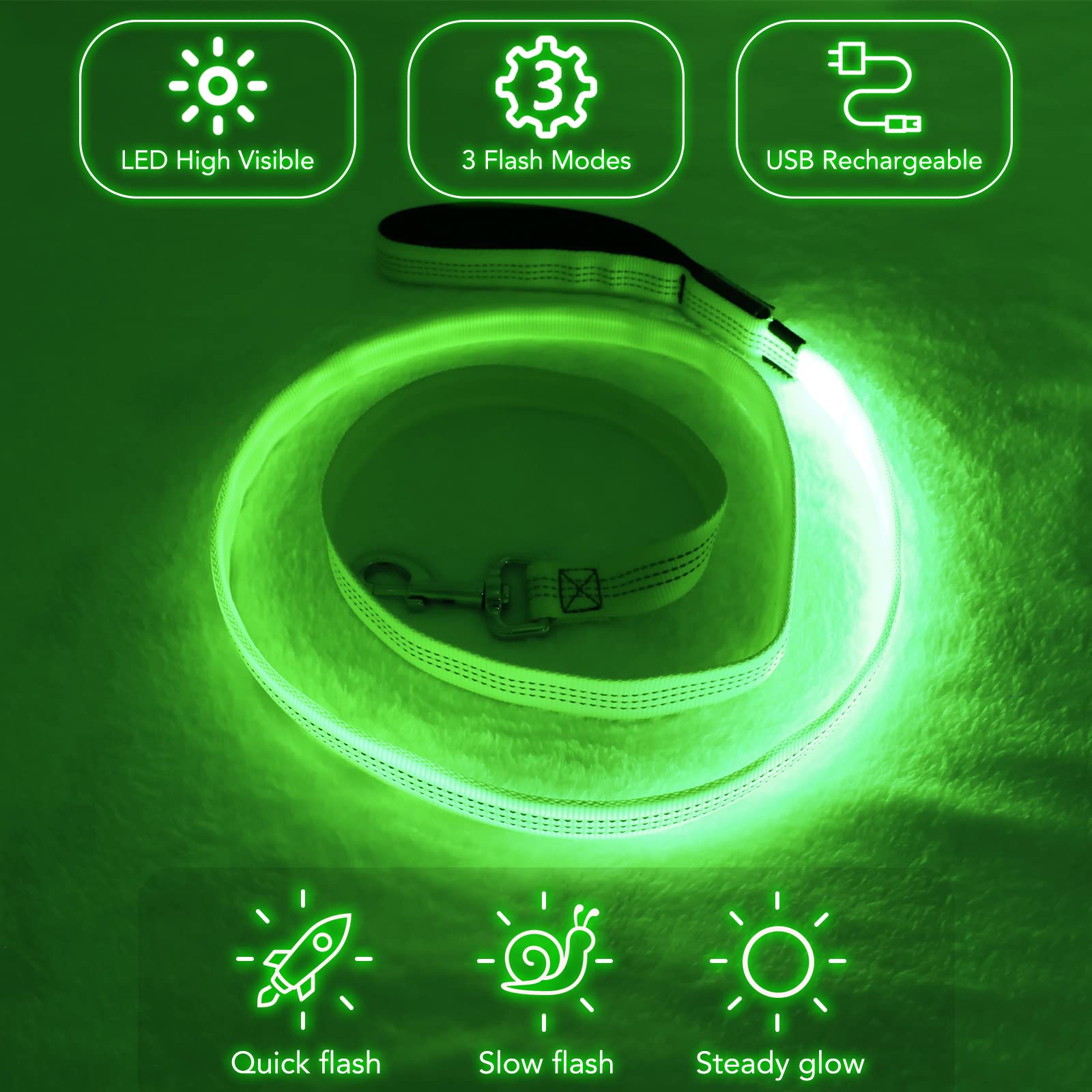 Correa LED para perro con luz Micro USB recargable impermeable correas de nailon resplandor de seguridad estándar para perros (verde con 3 cables reflectantes)