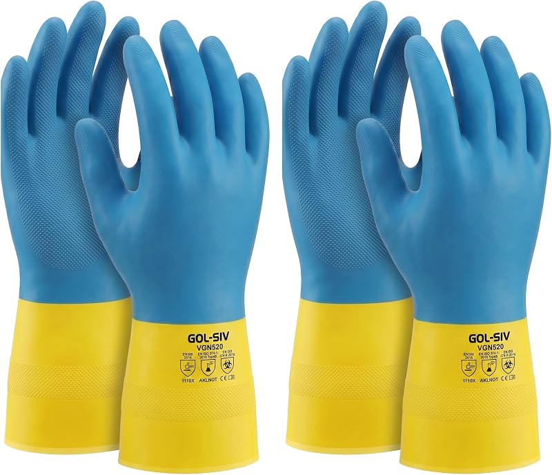 Neoprene Latex Blend Chemical Gloves, Heavy Duty Rubber Gloves, 20 Mil Thick Work Gloves with Cotton Flock Lining, for Industrial Cleaning & Chemical Handling, 2 Pairs, L