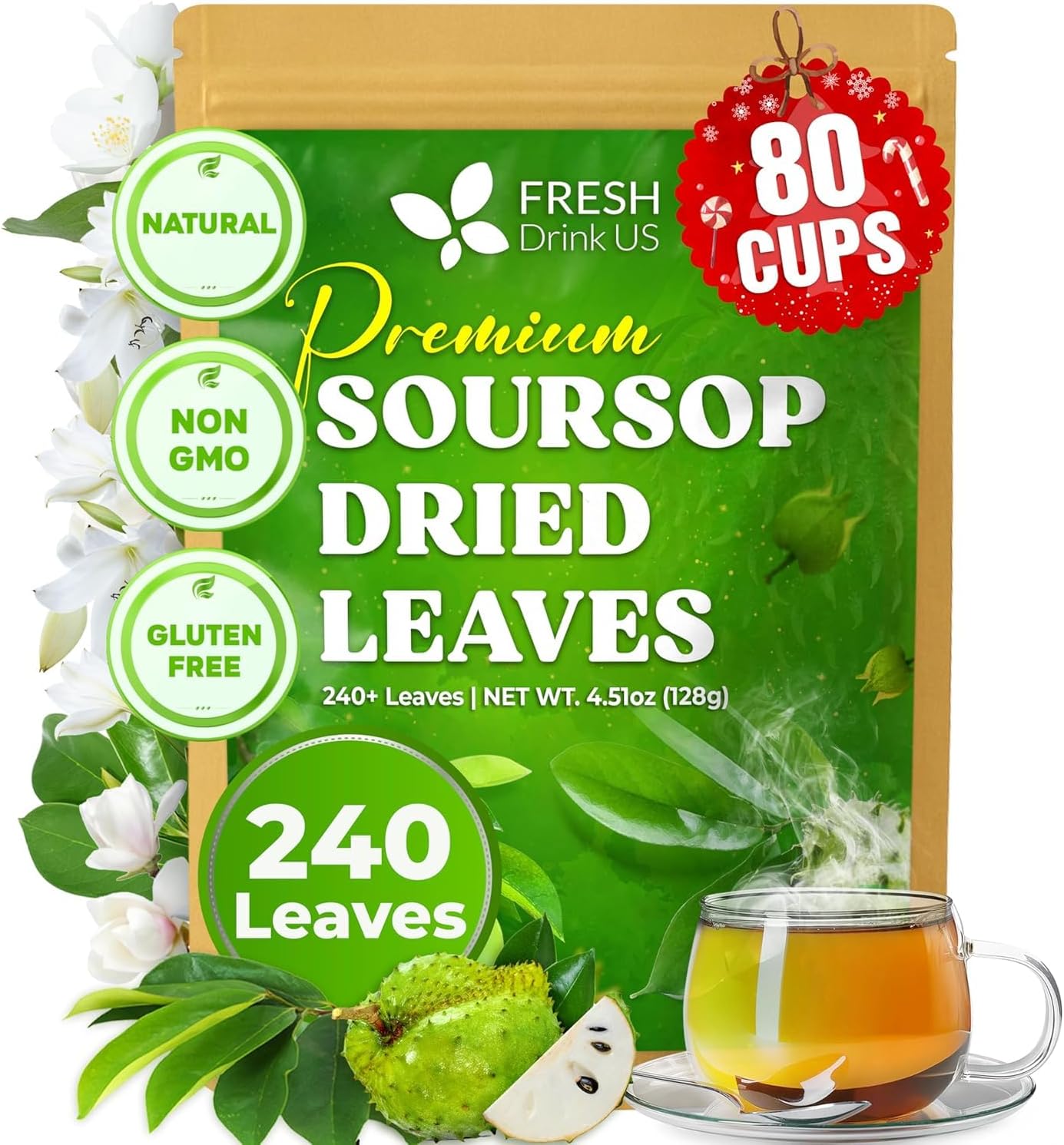 FreshDrinkUS, 240+ Premium Soursop Graviola Dried Leaves Tea, 230-250 Whole Soursop Leaves, Wildcrafted, Graviola , Guanabana , Hoja Guanabana, Loose Leaf Herbal , No Gluten, Vegan