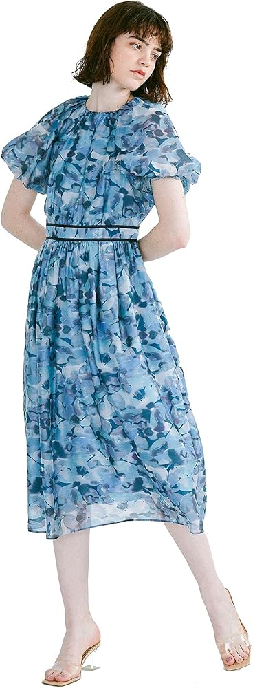 LANVIN en Bleu オーガンジーフラワープリントワンピース