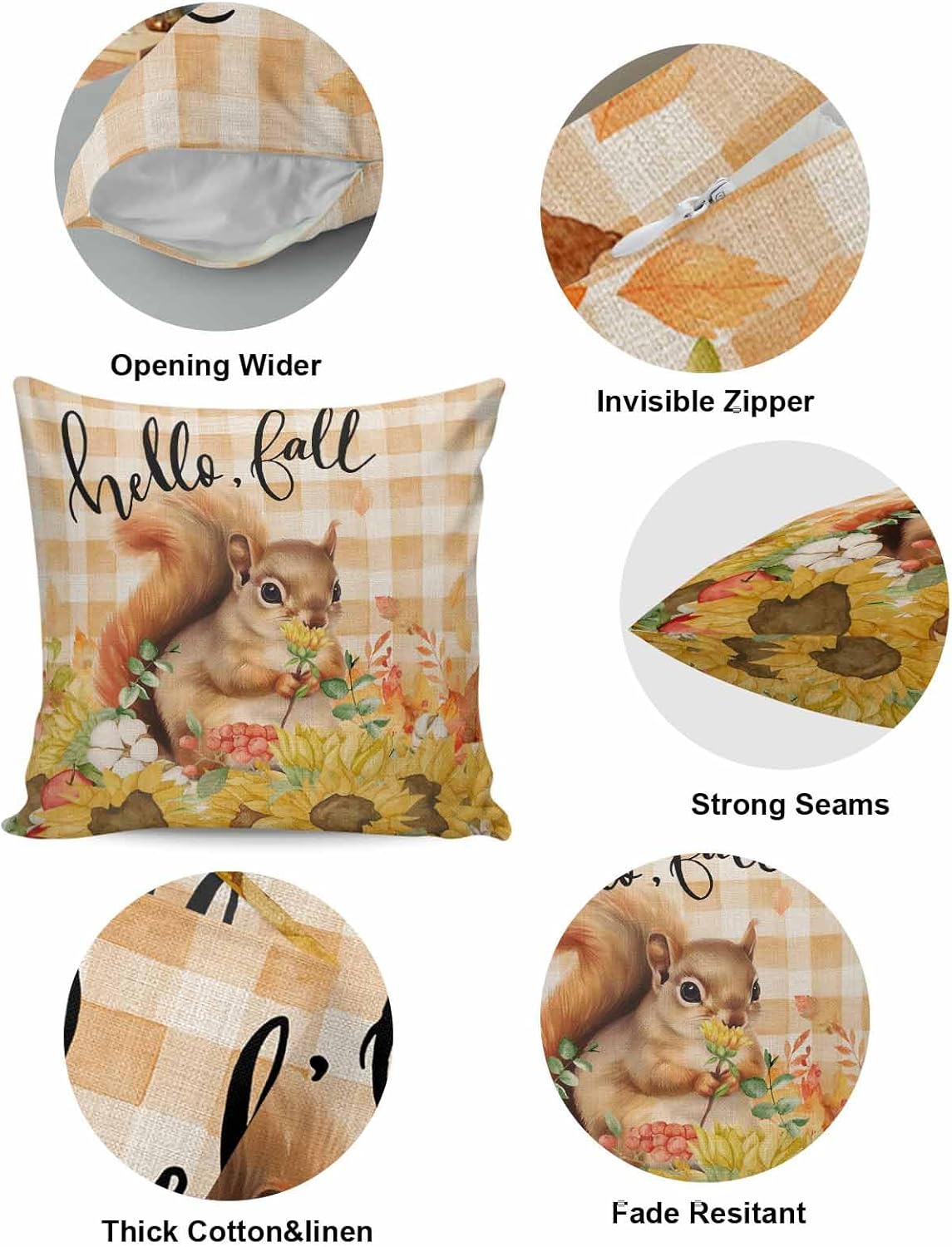 Fall Pillow Covers 18x18 Inch Set of 2, Thanksgiving Decorations Squirrel Sunflower Outdoor Throw Pillow Covers, Plaid Leaf Autumn Holiday Square Pillowcases for Patio Sofa Couch Bedroom Decorative