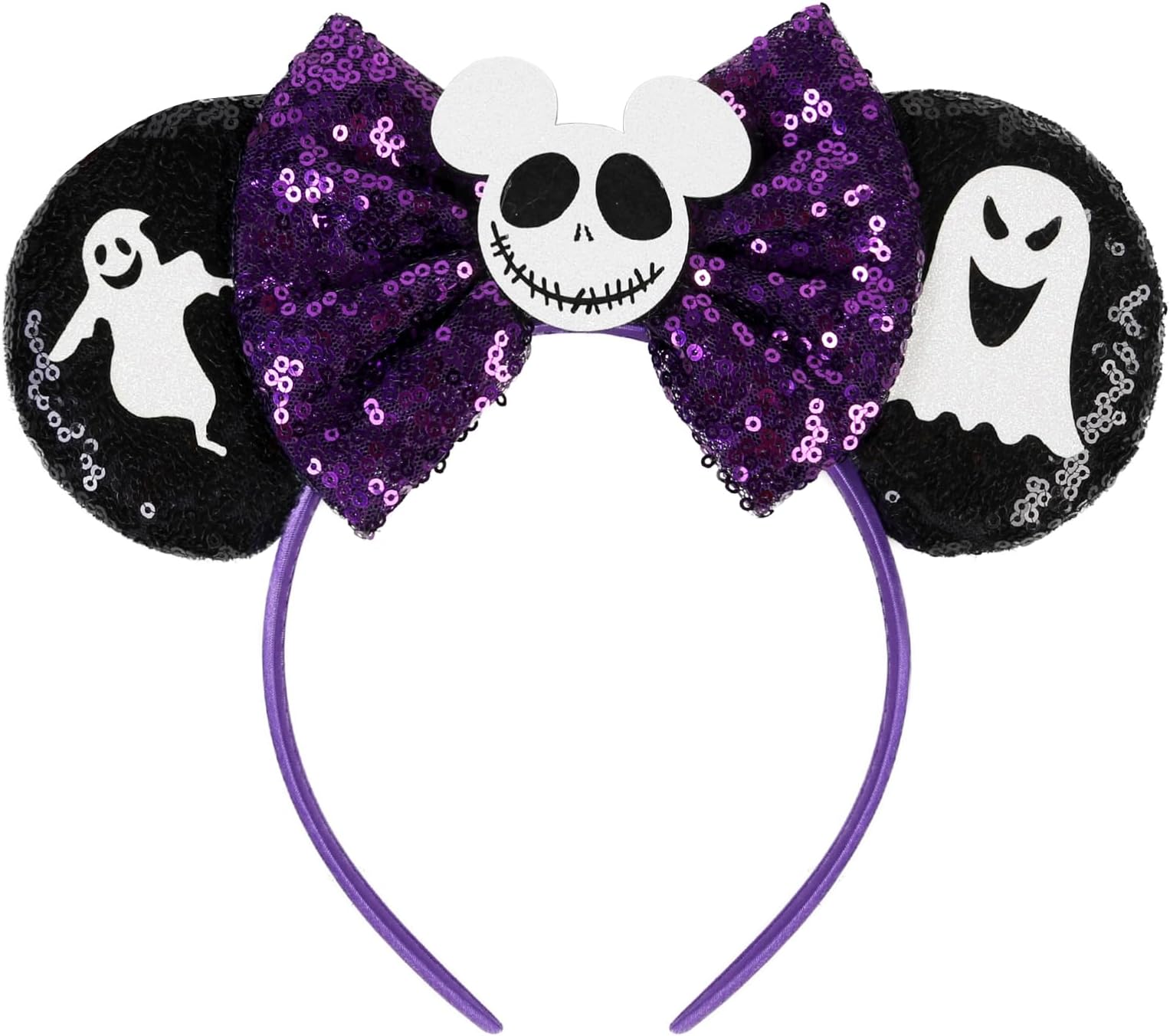 WOVOWOVOHalloween Mouse Ears Headbands for Women Girls, Sequin Decoration Hairbands with Ghost Purple Bow Headband Party Cosplay Hair Accessories Costume