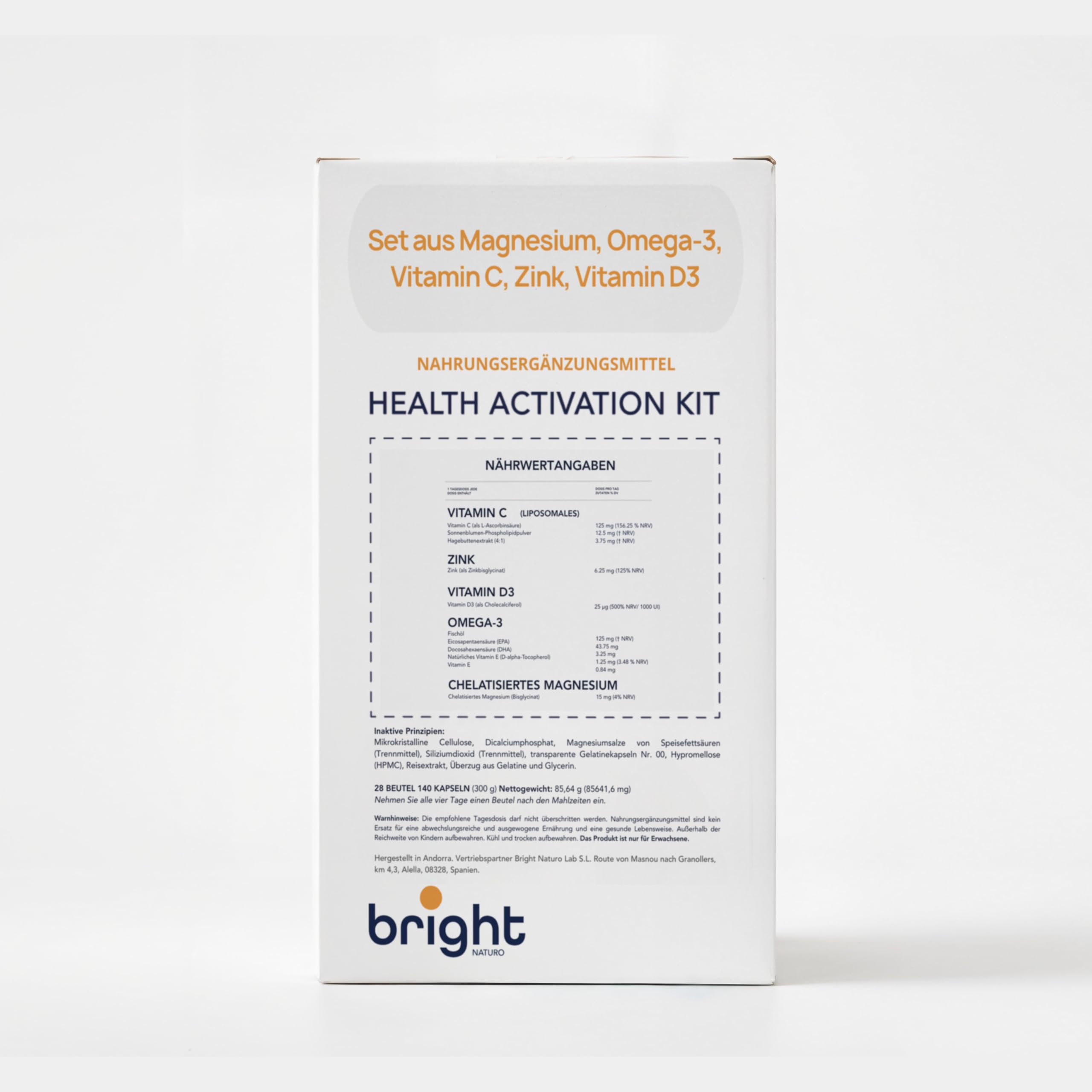 Liposomales Vitamin C + Omega-3 + Magnesium + Vitamin D + Zink – Hochdosiert, 100% natürlich | Bright Naturo Vitamine | 28 Tages-Sachets