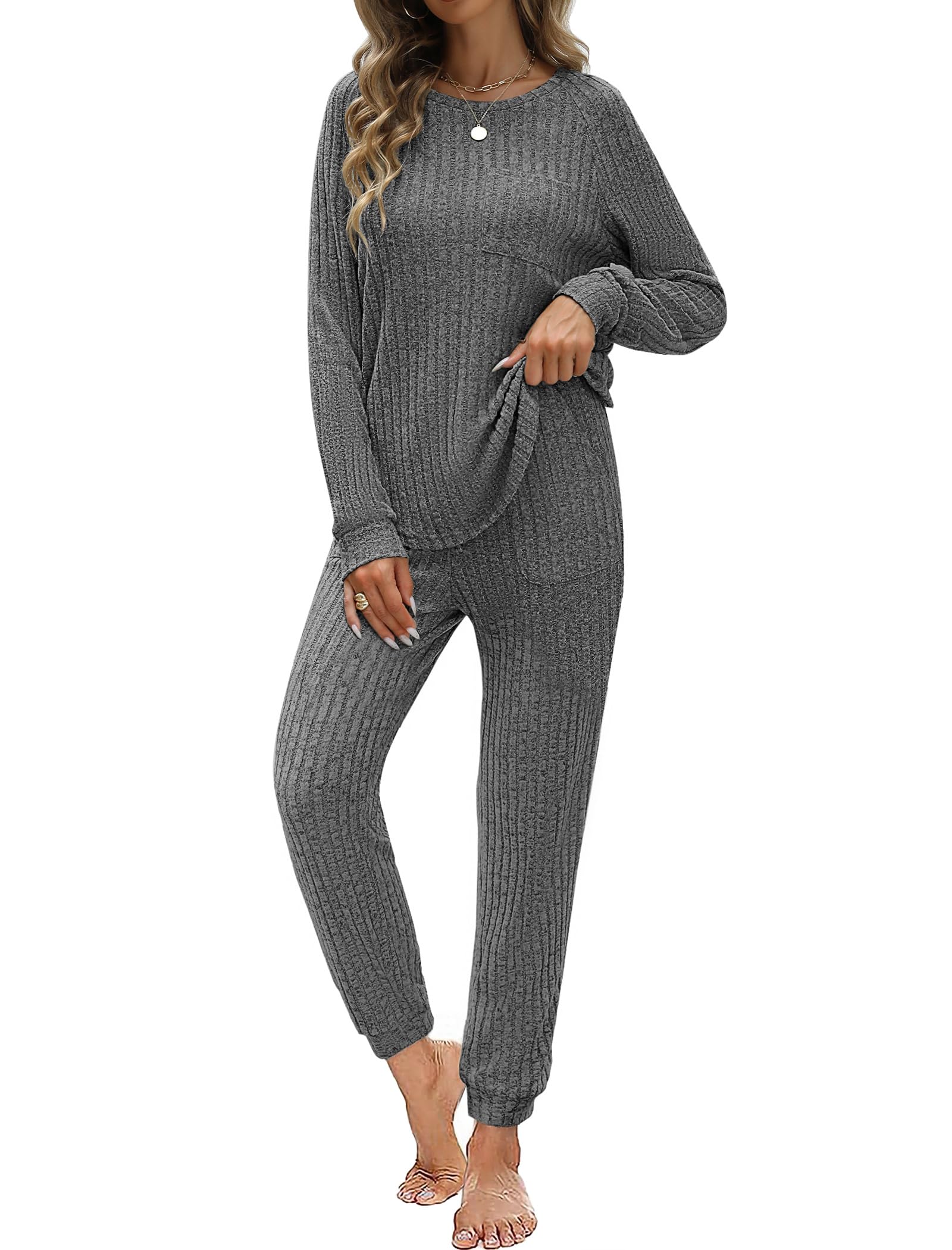 JUSTFASHIONNOW Womens Ribbed Knit Lounge Set 2 Piece Outfits Long Sleeve Pajama Set Loungewear Jogging Sweatsuits
