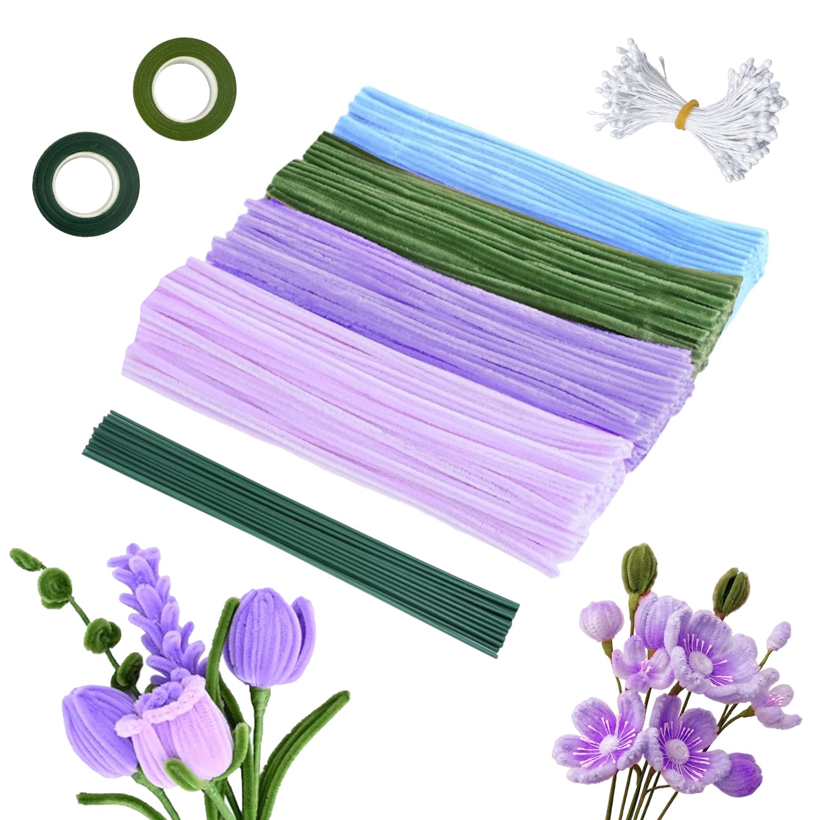 KUKKUME Pipe Cleaners 400PCS Pipe Cleaner Flower Kit Green Purple Blue Pipecleaners with Flower Stems and Florist Tape for DIY Floral Arrangements Art and Craft Supplies
