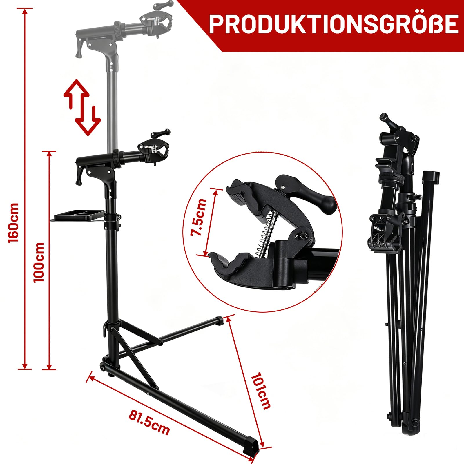 Warmfay® Fahrradmontageständer Profi 50kg für E-Bike, Klemmkopf 360° Drehbar, Klappbar & Höhenverstellbar Fahrrad Reparaturständer mit Reparaturset und Werkzeugablage, für ∅ 25 bis 50mm Fährräder