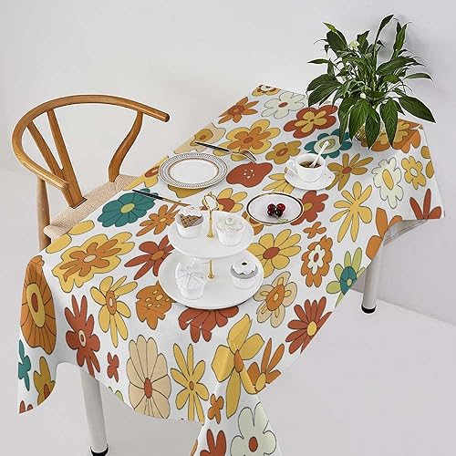 Mantel floral retro de los años 70, diseño bohemio abstracto de flores amarillas naranjas para decoración de mesa de campo, granja, cocina, comedor,