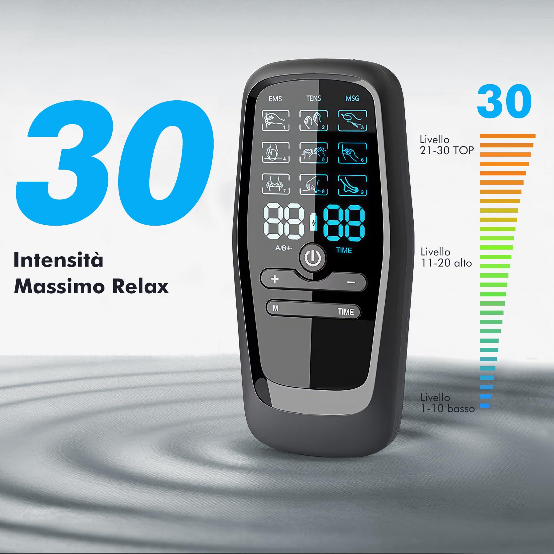 Elettrostimolatore Muscolare, 3 in 1 TENS/EMS/Massage Elettrostimolatore Professionale, Con 27 modalità e 30 intensità, 2 Channels 8 elettrodi