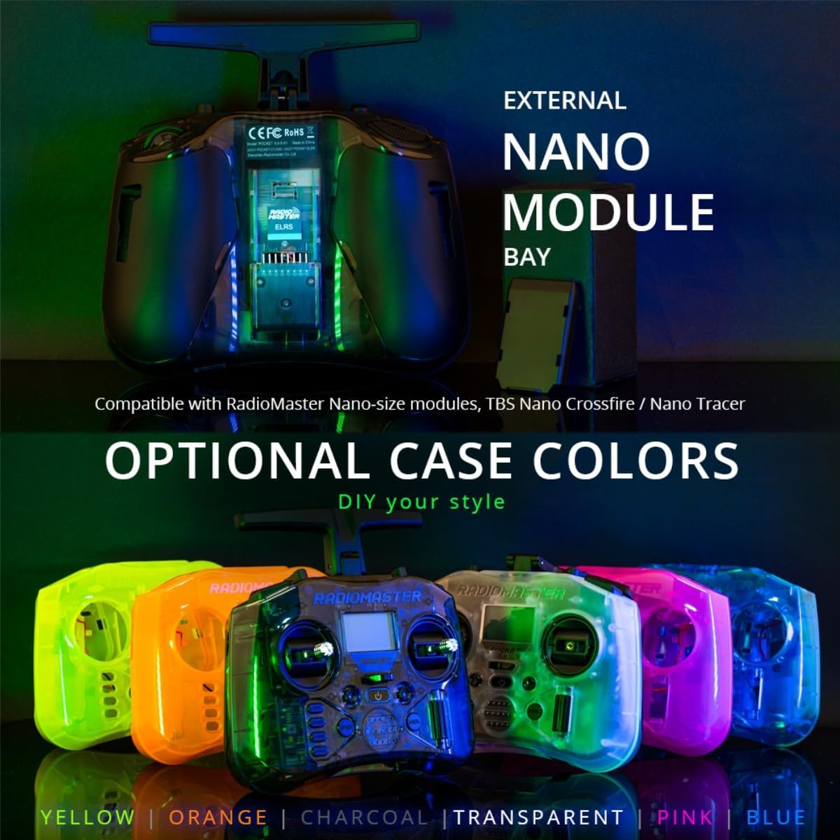 HTLNUZD Pocket EdgeTX Hall Gimbal Control Transmitter CC2500 / ELRS Up to 16CH for Radiomaster Portable Lightweight Built in LED Light Foldable Antenna with Pocket Color Case for FPV Drone