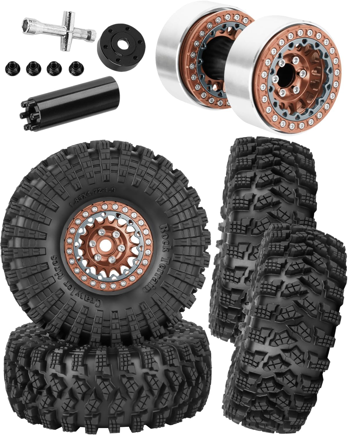 RC 1.9" Beadlock Wheels and Tires for 1/10 RC Crawler SCX10 90046 AX103007 TRX4 TRX6 VS4-10 Red cat Gen8 7 MST CFX RC 4WD D90,Dually 1.9 Beadlock Wheels Aluminum Rims Rubber Tires,Bronze