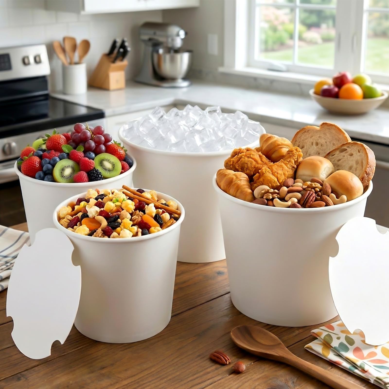 ARQRHTLY 50 secchi usa e getta per popcorn da 2,409,7 g, con coperchi di carta, grandi contenitori bianchi vuoti per popcorn, cibo, snack, feste, serate cinematografiche, carnevale, artigianato fai da