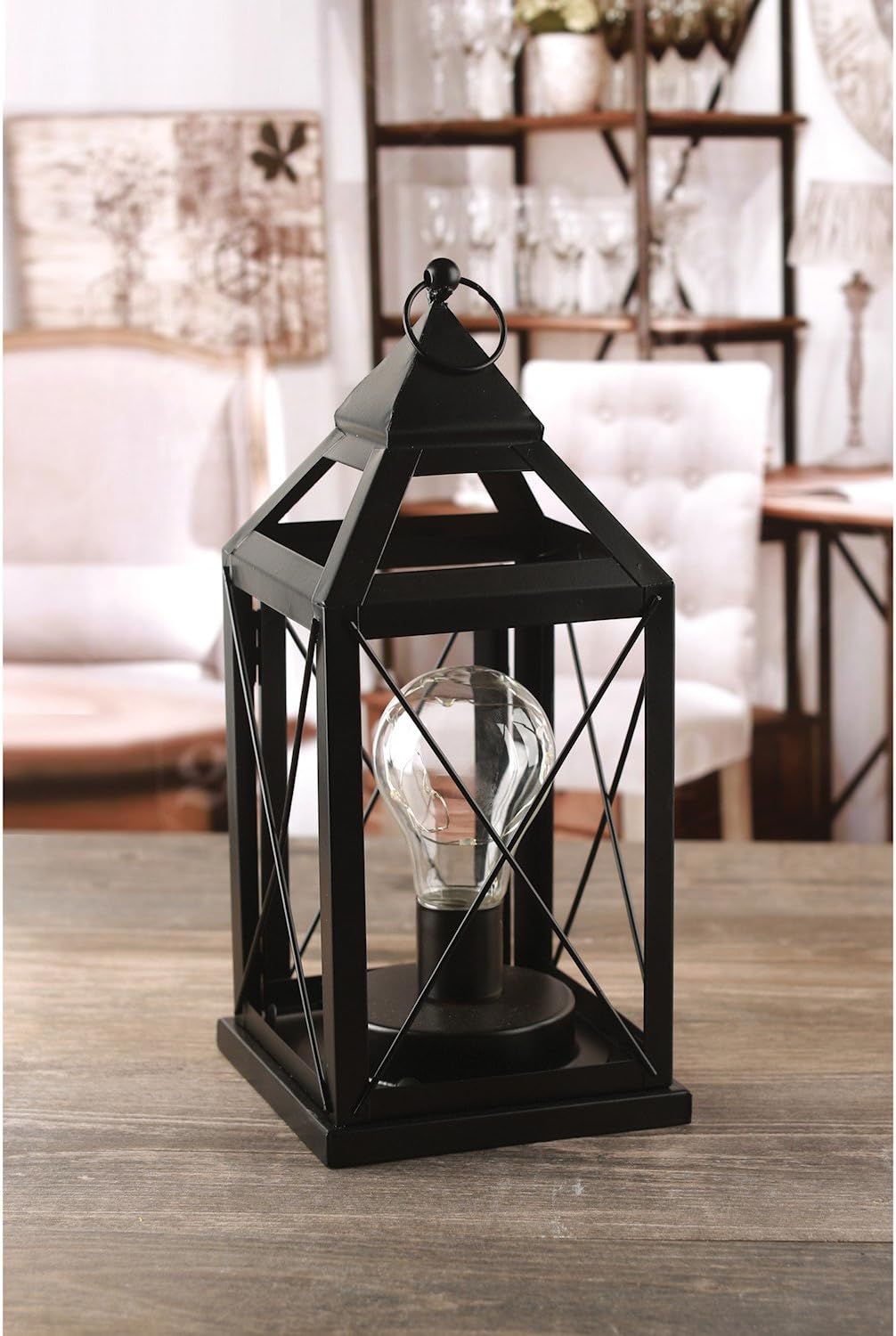 Circleware Lantern Metal Cage Style Desk, Table, or Hanging Lamp - Cordless Accent Light with LED Bulb - 10.25" High