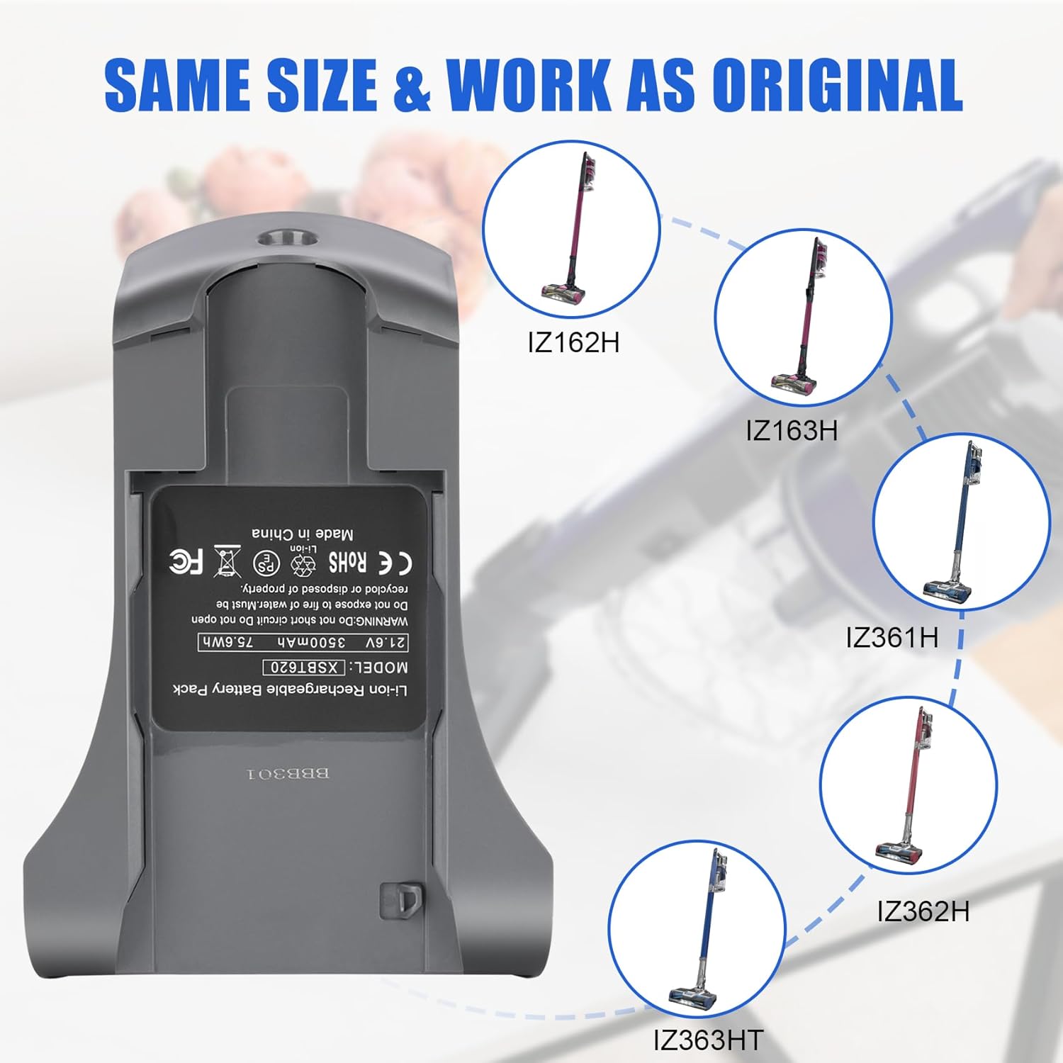 Diagram showing KUNLUN XSBT620 battery compatibility with various Shark vacuum models