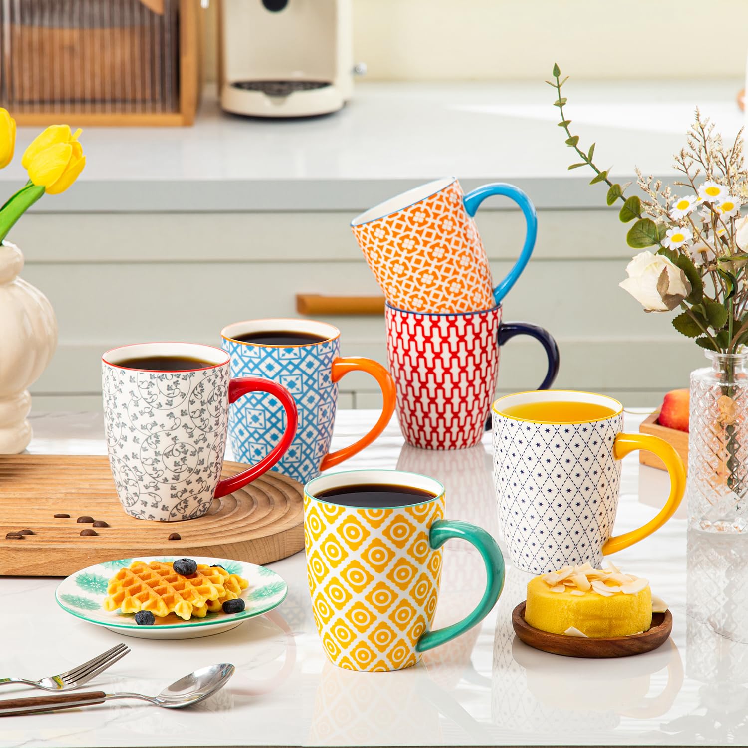 Keramik Kaffeebecher Set - 470 ml große Porzellan-Teebecher mit Griff für Frauen Männer Kakao Latte Cappuccino - Weihnachten Housewarming Geschenk - Set von 6 - Bunt
