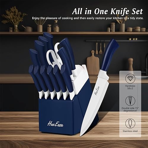 Miniatura 3 de Juego de cuchillos de cocina con bloque y afilador integrado, 14 piezas de acero inoxidable alemán de alto carbono, hoja afilada, apto para