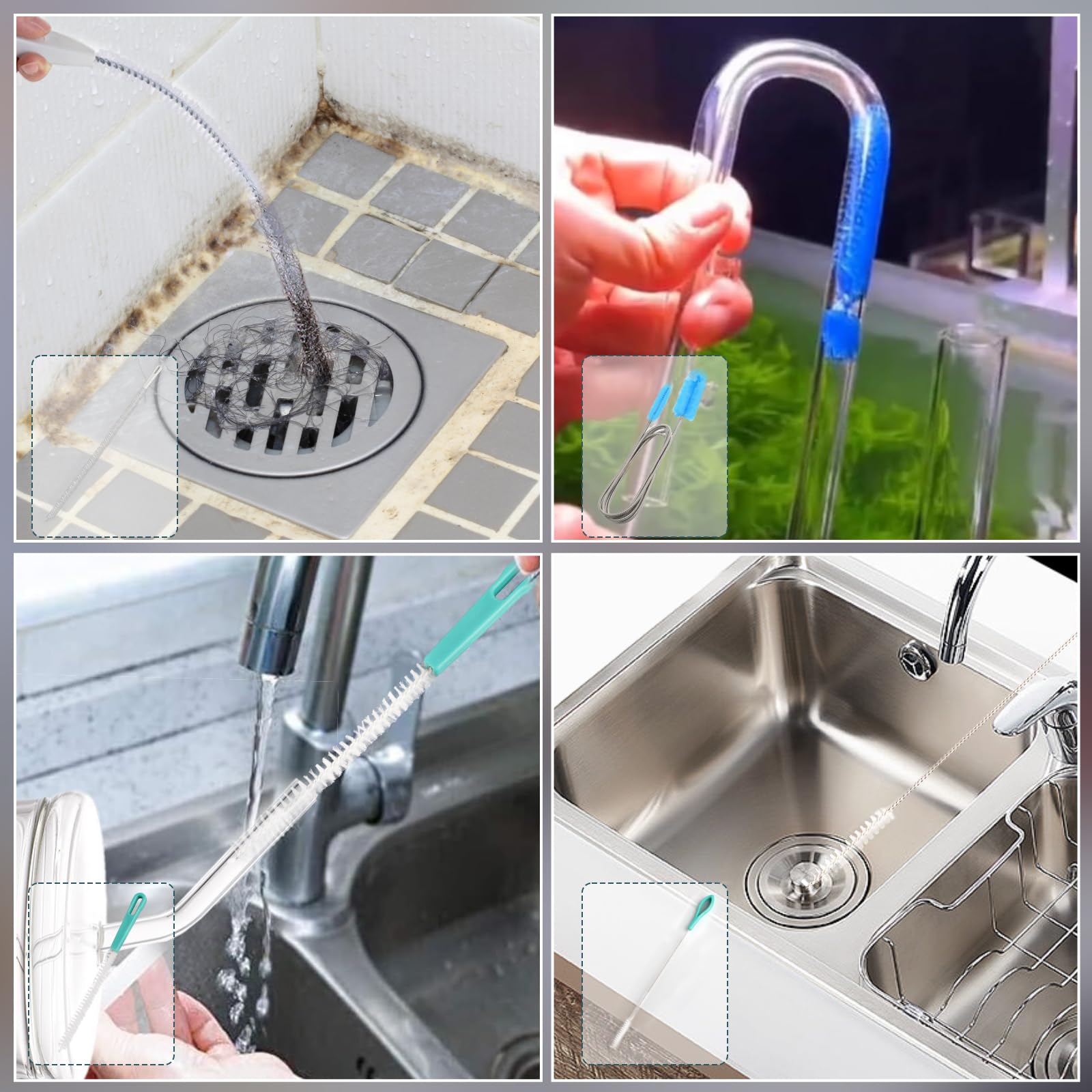 4 spiralne szczotki do czyszczenia odpływów, z podwójną głowicą, pałeczki do czyszczenia odpływów, szczotka do czyszczenia akwarium, elastyczna szczotka do odpływu, do rur kuchennych,