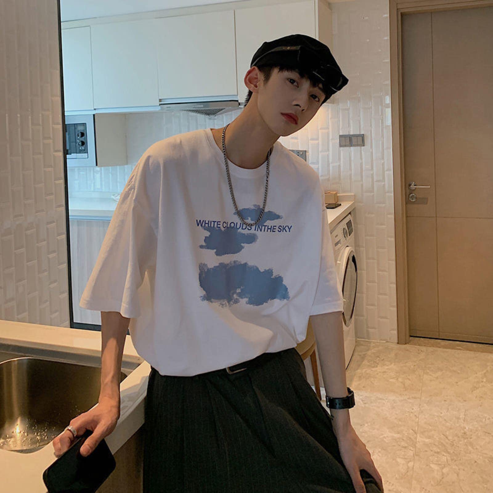 White Cloud in The Sky Graphic Men Tshirt Algodón de Manga Corta Camiseta Mombra-Z3159-Oversize-White,XXXL