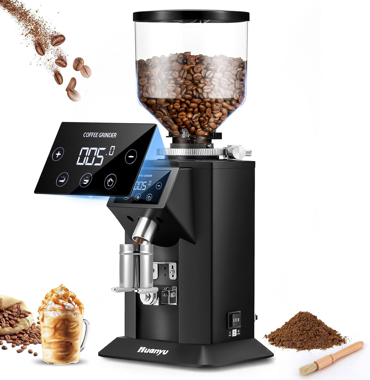 Huanyu Commercial Coffee Grinder with 74mm Flat Burr Reinforced 53oz Bean Hopper (40% Thicker), 15 Stepless Grinds, Touch Screen Black