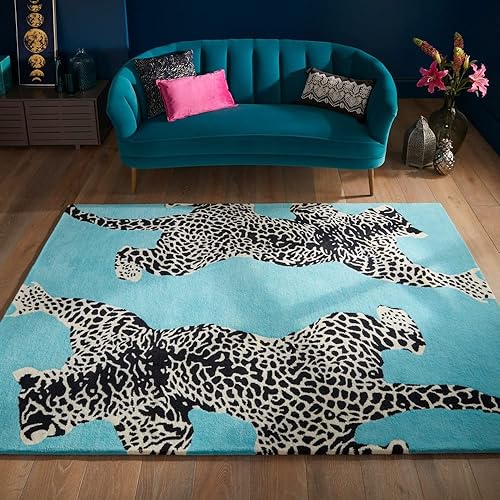 Climbing Jaguar - Alfombra moderna de lana hecha a mano para sala de estar, dormitorio y comedor (5 pies, redonda, azul claro)