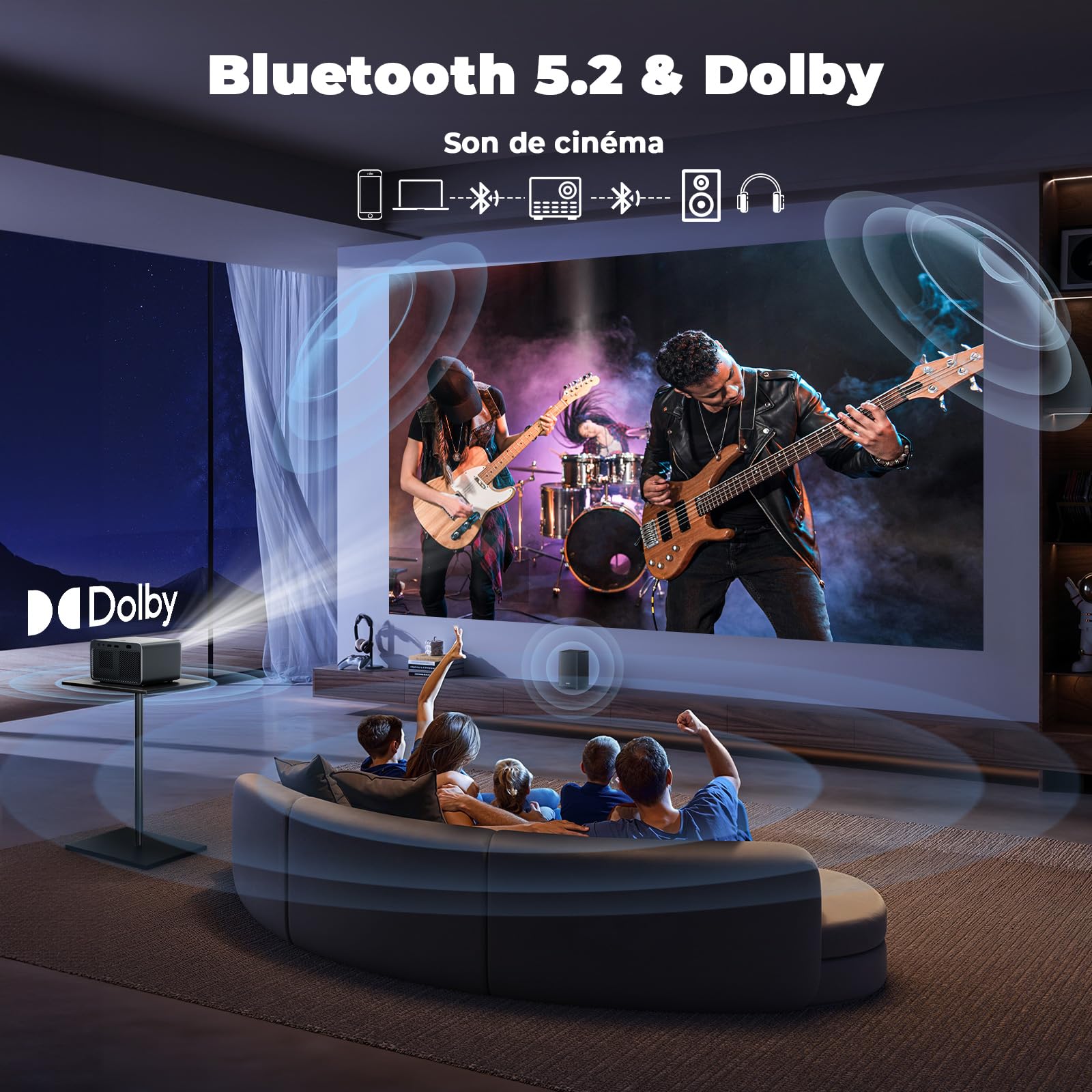 Videoprojecteur 4K【App Intégrée/Auto Focus/Keystone】 1080P FHD Projecteur Video 1500 Luminosité, avec HDMI eARC, WiFi6, Bluetooth, Dolby Audio, Lisowod Retroprojecteur Portable pour Home Cinéma