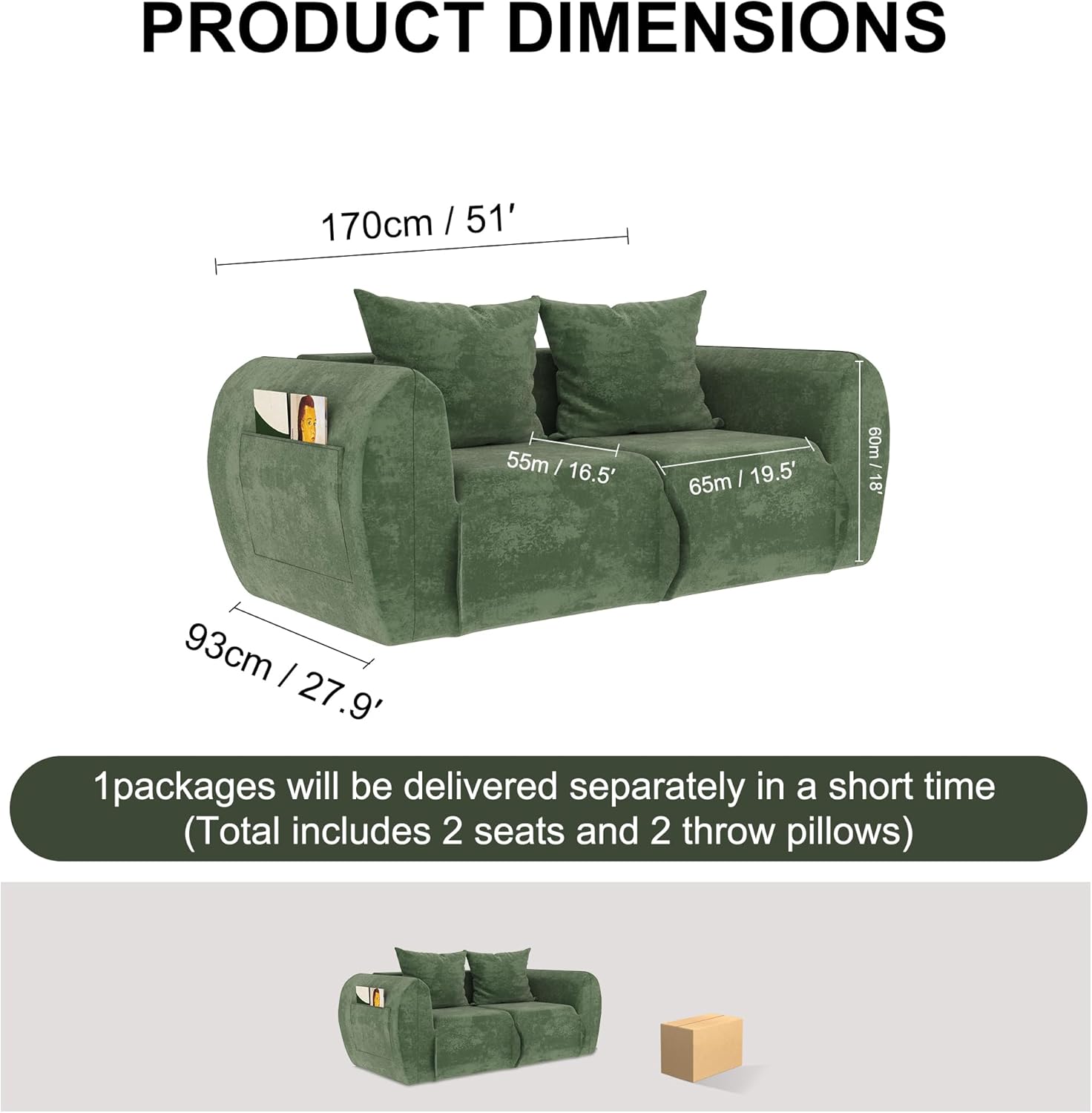 Modern Modular Sectional Sofa - Ultra Soft Chenille Green Boneless Couch, Cloud Couches for Living Room with Comfy Seat, Side Storage Pocket & No Assembly Required (Loveseat)