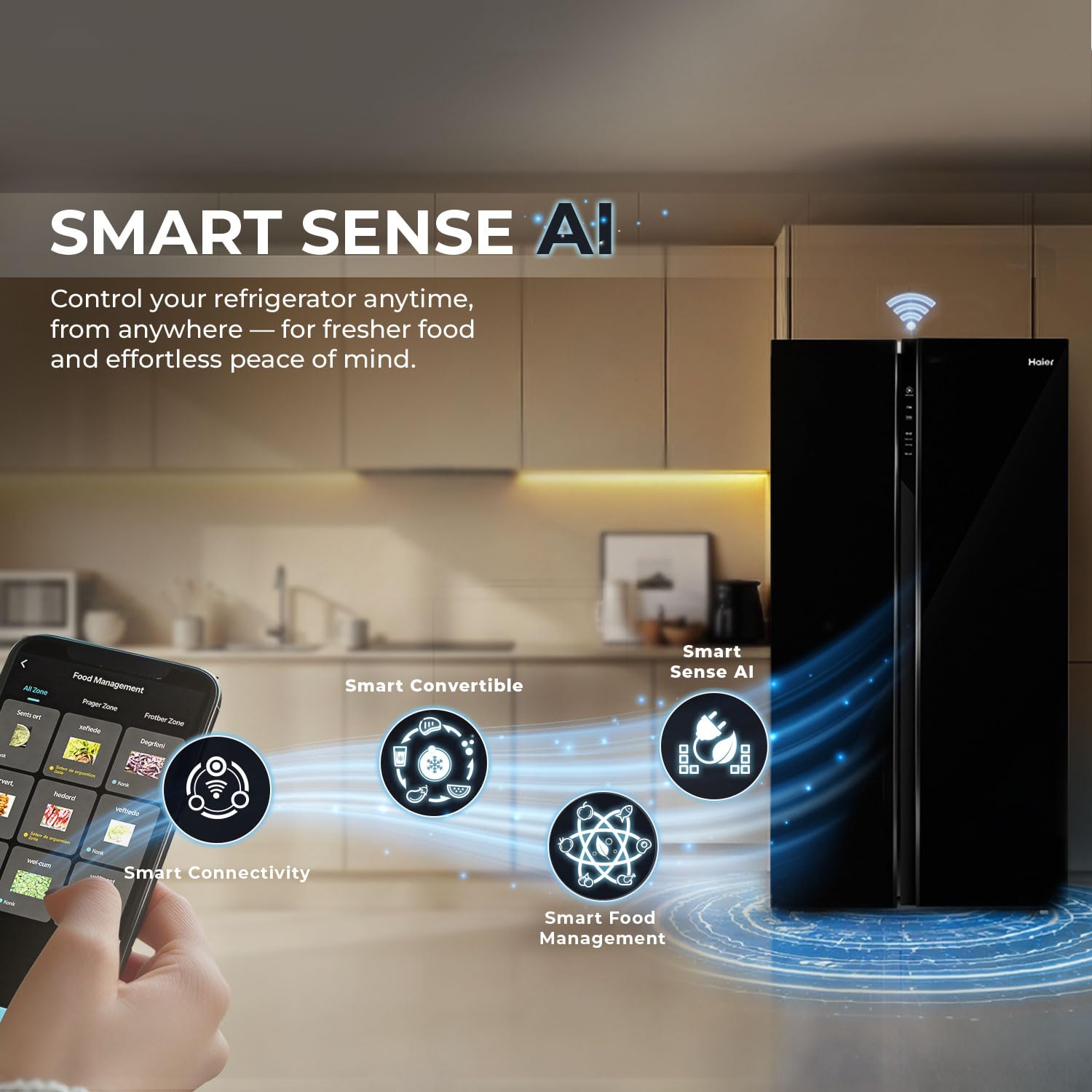 Close-up of the Haier refrigerator's digital control panel showing temperature settings for fridge and freezer, along with Wi-Fi, Auto Set, Turbo Icing, and 3 Sec. Lock functions.