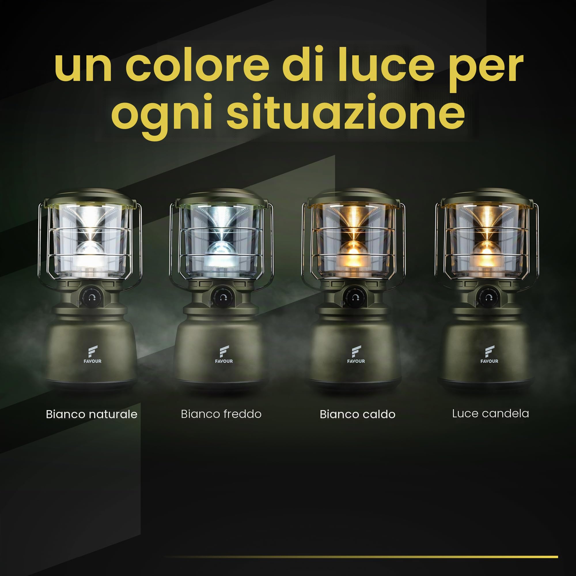 Lanterna da Esterno LED alta potenza 1300 Lumen, IP64 impermeabile e antiurto | Lampada da Campeggio a Batteria, gancio integrato, temperatura di colore regolabile, dimmerabile, verde