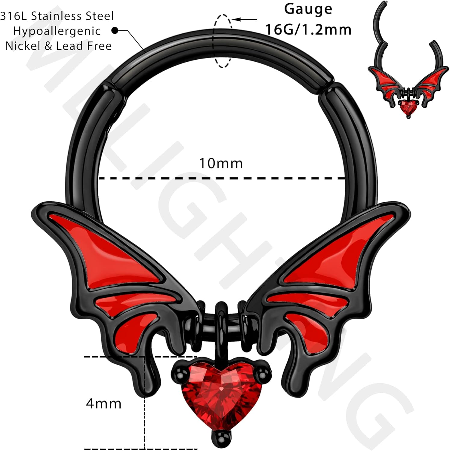 Melighting Septum Rings 16G Bat Septum Jewelry Halloween Clear CZ Surgical Steel 316L Black Dangle Daith Earrings Helix Earring Cartilage Tragus Piercing for Women Men - Image 6
