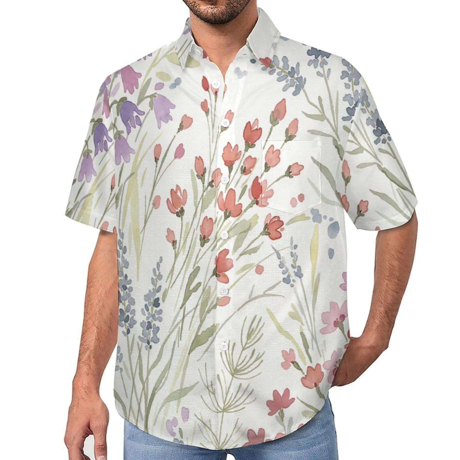 Camicia da Uomo a Maniche Corte Funky, Fiori Selvatici Ad Acquerello Dipinti A Mano, Aloha Camicias Estiva per la Spiaggia, vestibilità Normale con Bottoni, per Libero Vacanze