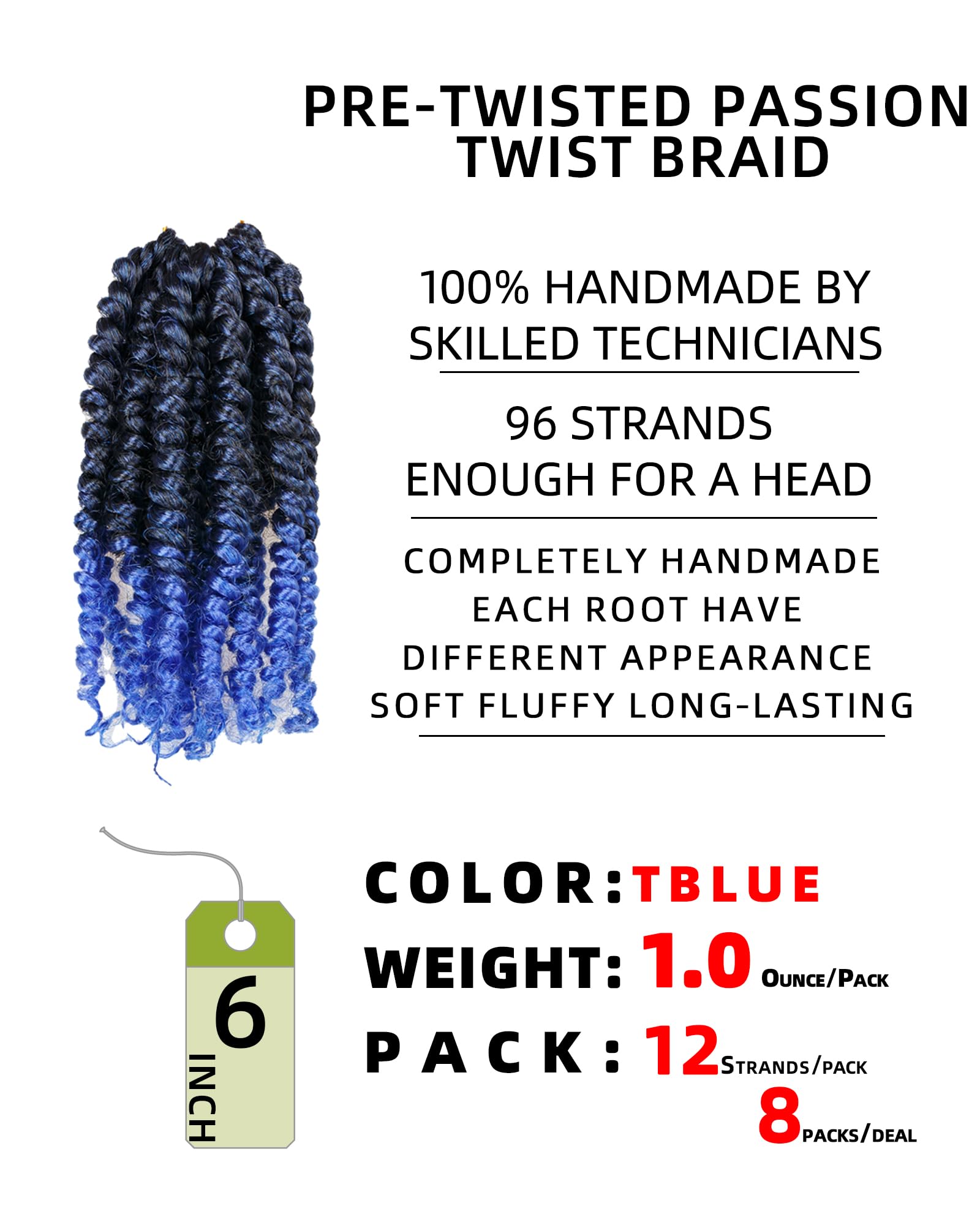 8 paquetes de cabello de ganchillo pretrenzado de 6 pulgadas, para mujeres y niños negros, azul degradado, extensión de pelo suave y ligera (6 pulgadas, 8 paquetes, T1B/azul)