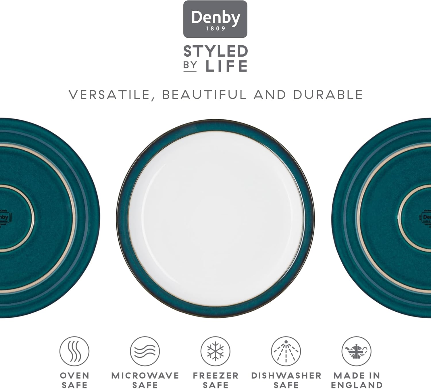 Denby - Greenwich Small Plates Set of 2 - Dishwasher, Oven, Microwave, And Freezer Safe (17.5cm x 17.5cm x 2cm) Green, White Ceramic Stoneware Tableware - Chip & Crack Resistant