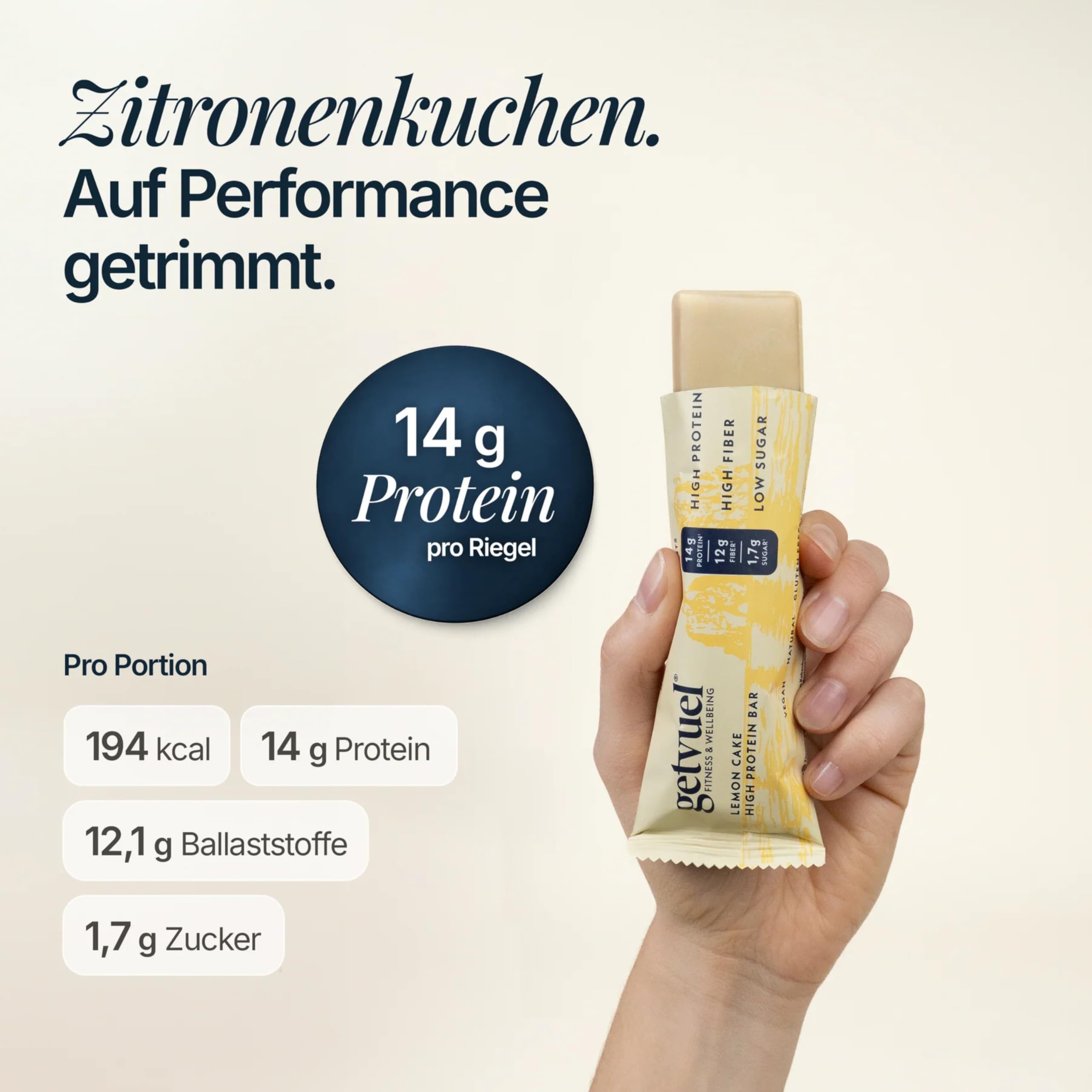 getvuel High Protein Riegel Lemon Cake – 12x50g | 14g pflanzliches Protein | nur 1,7g Zucker | vegan, glutenfrei | mit weißer Schokolade | natürliche Zutaten