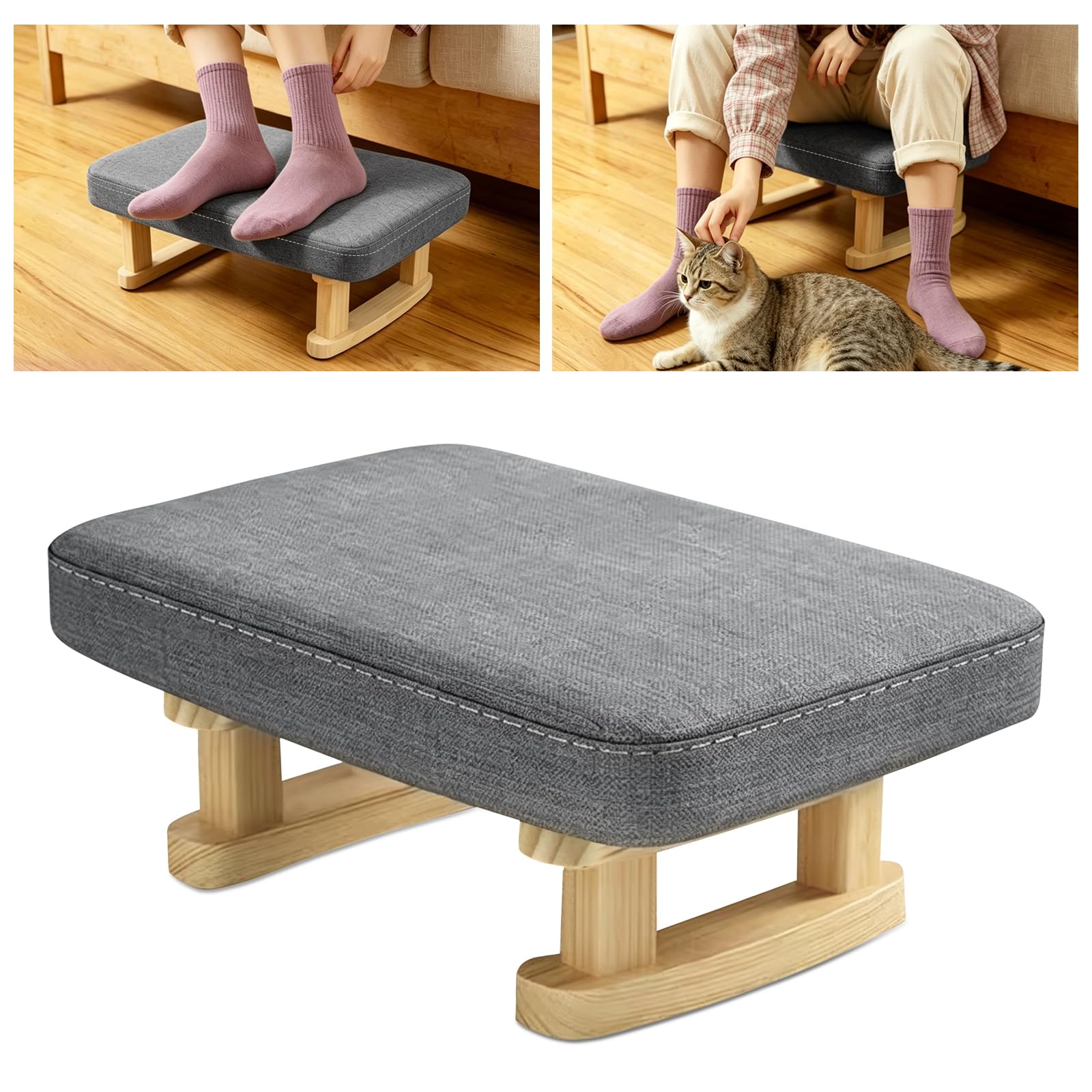 Repose-pieds multifonction en bois massif et lin gris avec housse amovible