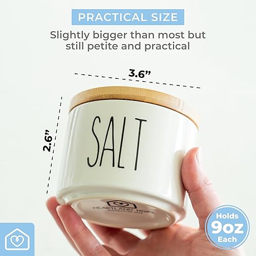 Miniatura 3 de Heartland Home Cuencos de cerámica para sal y pimienta. Bodega de sal de doble soporte con tapa, juego de recipientes de sal apilables, incluye