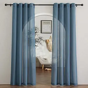 NICETOWN Flax Linen Sheer Curtains for Living Room, (Stone Blue) Grommet Vertical Drapes Semi Sheer Linen Curtains Privacy with Light Filtering for Villa/Farmhouse, W52 x L84, 1 Pair