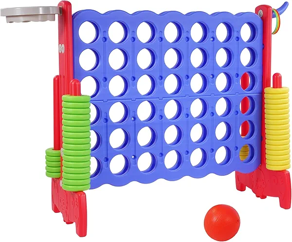 Peekabu Giant 4-in-A-Row Connect Game Outdoor, Jumbo 4-to-Score Yard Games for Kids and Adults with Basketball Hoop Outdoor Party Family Holiday Games with 42 Rings & Quick-Release Slider