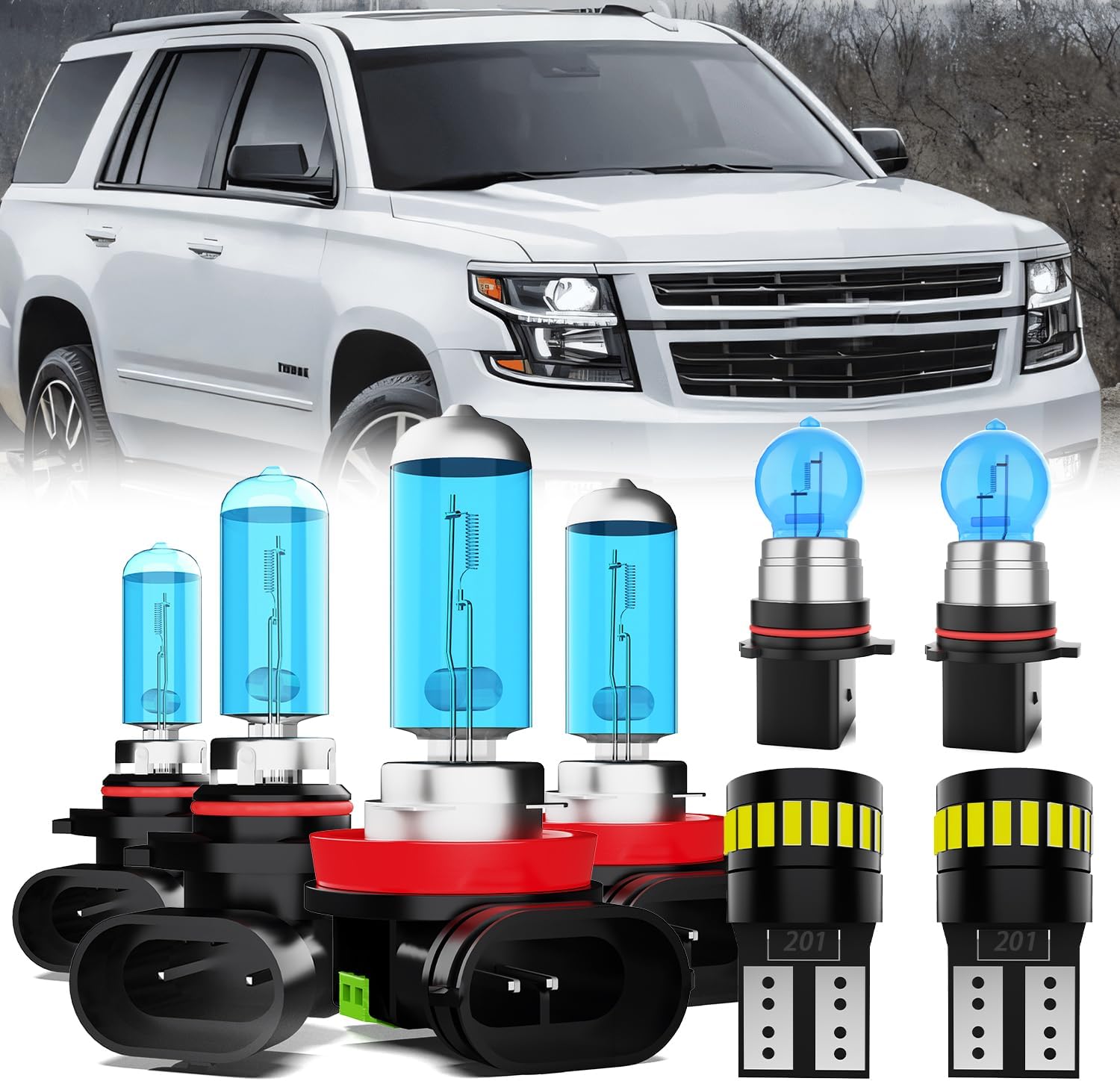 Headlight Bulbs License Plate Lights Fit For Chevrolet Tahoe 2016-2020, 9005 High Beam + H11 Low Beam + PSX26W Fog Lights Halogen Light Bulb + License Plate Lights, Pack of 8