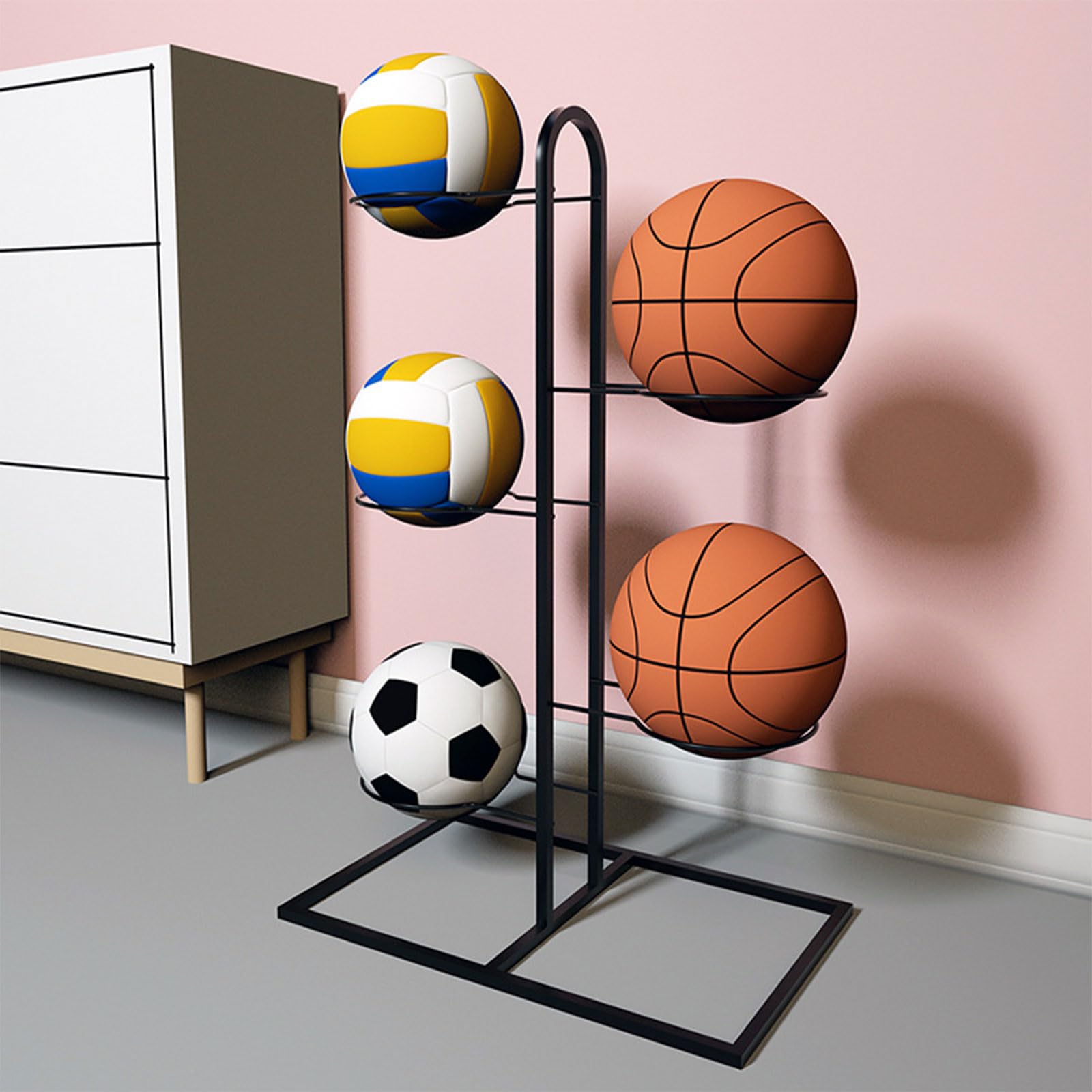 Scaffalatura multistrato in metallo, espositore per pallacanestro, calcio, pallavolo, attrezzatura versatile e sportiva