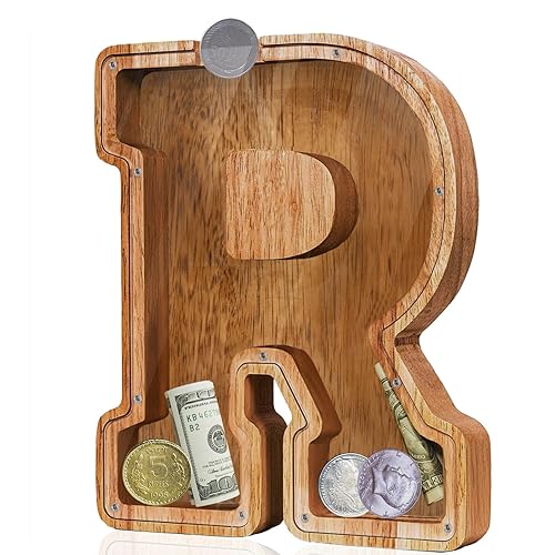 Vista 11 de Customized Name Large Wooden Piggy Bank for Boys Girls Alphabets Letter A-Z Coins Bills Money Change Bank Box Initial on Clear Cover