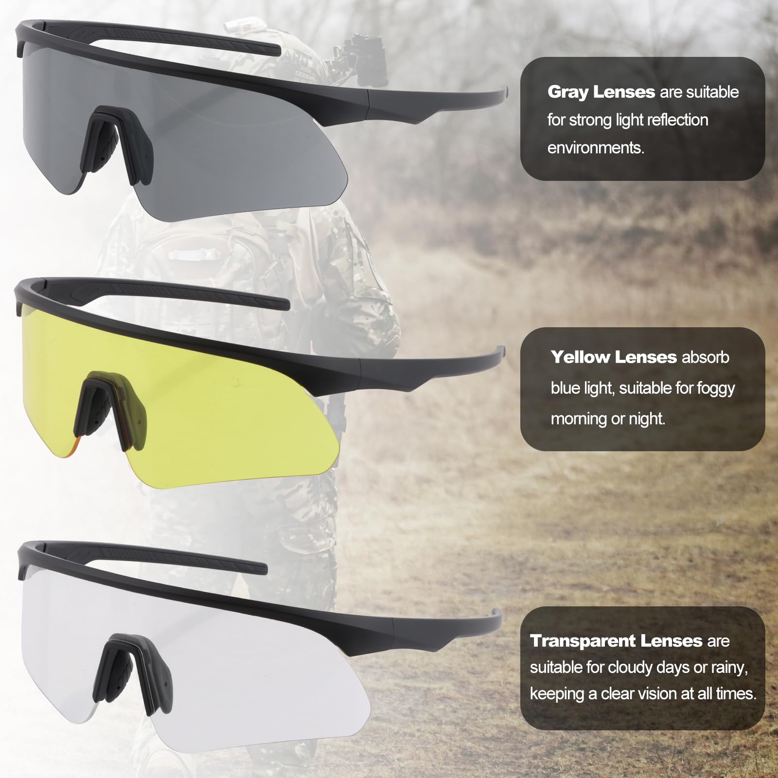 Lunettes de protection tactiques UV400, lunettes de tir ANSI Z87.1 avec 3 verres, monture TR90, lunettes de protection pour airsoft