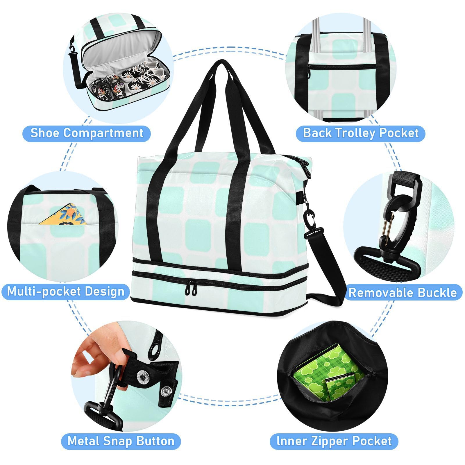 Reisetasche mit Nassfach, verstellbarer Riemen, für Reisen, 2-teiliges Set, für Damen und Herren, Mintgrün