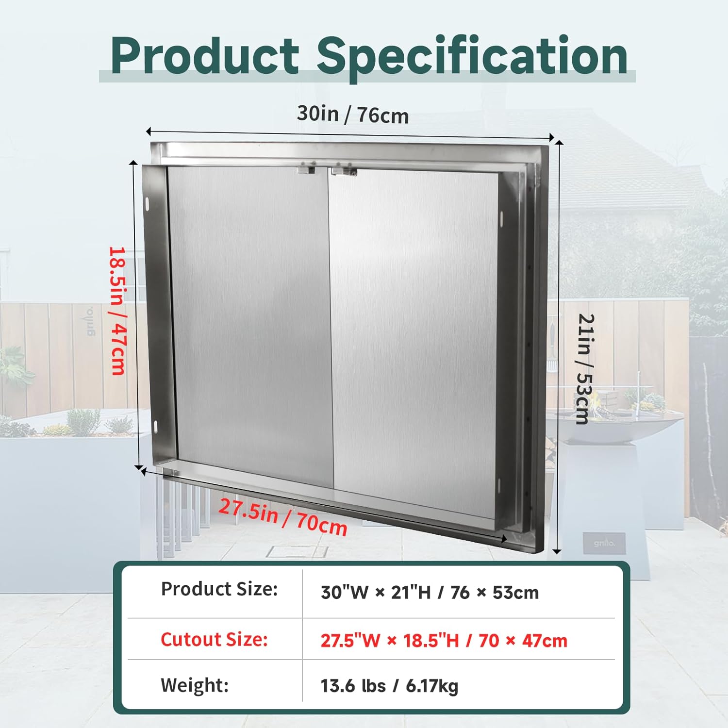 Outdoor Kitchen Doors 30W x 21H Inch Access Door with Hidden Handles Double Stainless Steel Access Cabinet Door, Flush Mount for Grilling Station& Outdoor Kitchens BBQ Island