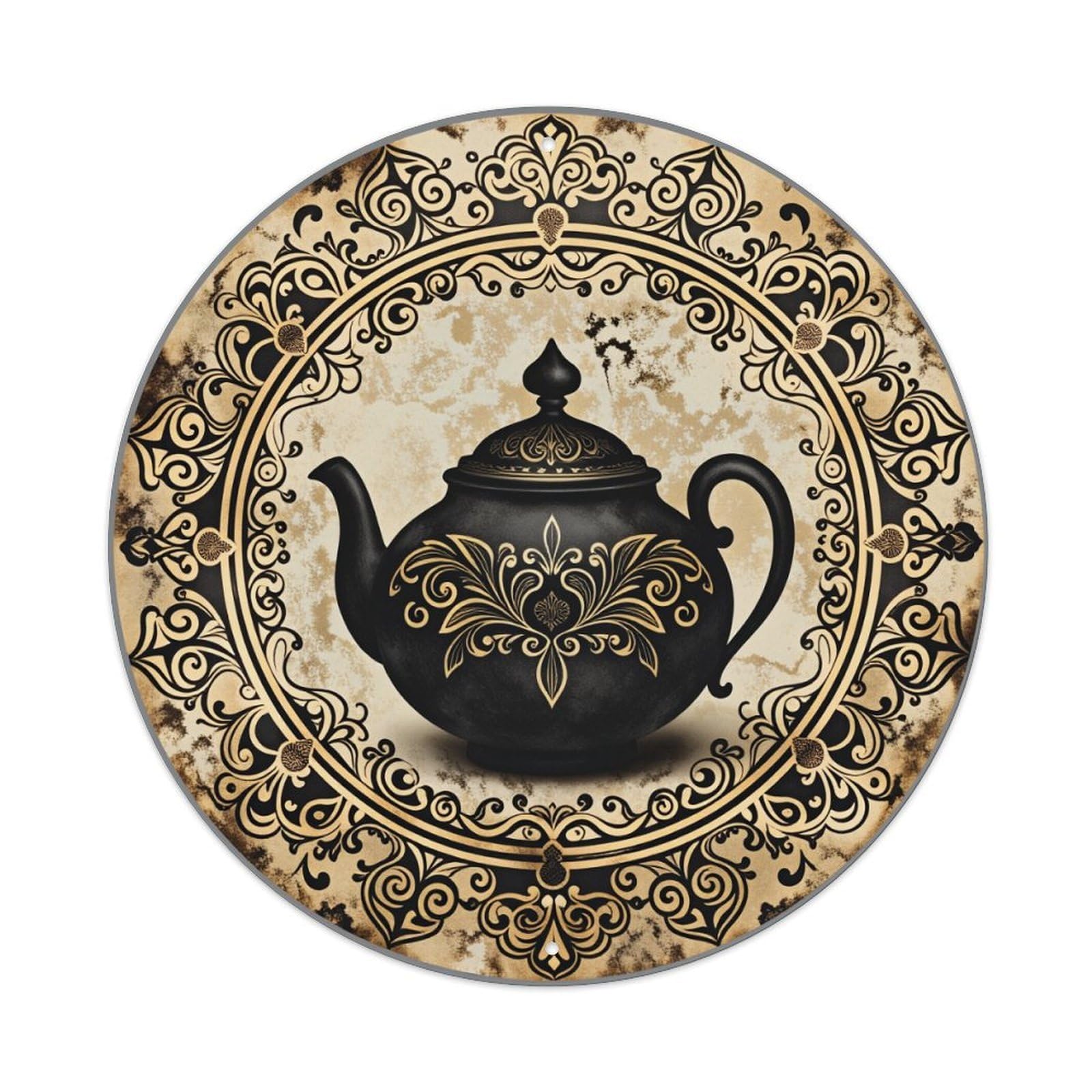Ornate Teapot Floral Pattern Design Round Tin Sign Vintage Style Metal Sign Home Bar Garden Wall Plaque Decor Metal Poster 8x8 Inch