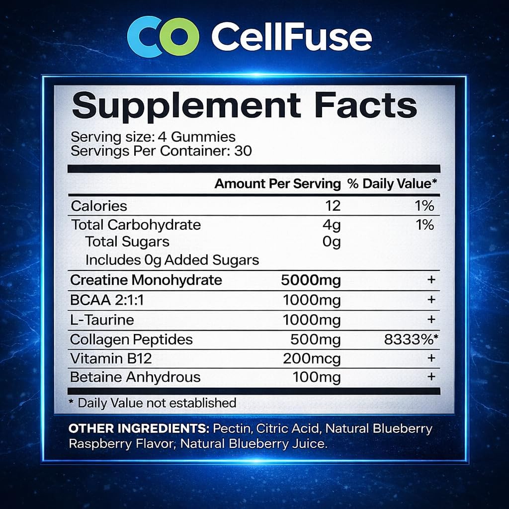 Creatine Monohydrate Gummies, 5000 mg per Serving, Sugar Free, Blue Raspberry Flavor, GMP Compliant. Muscle & Strength Recovery Supplement, 120 Gummies (30servings), 3rd Party Tested.