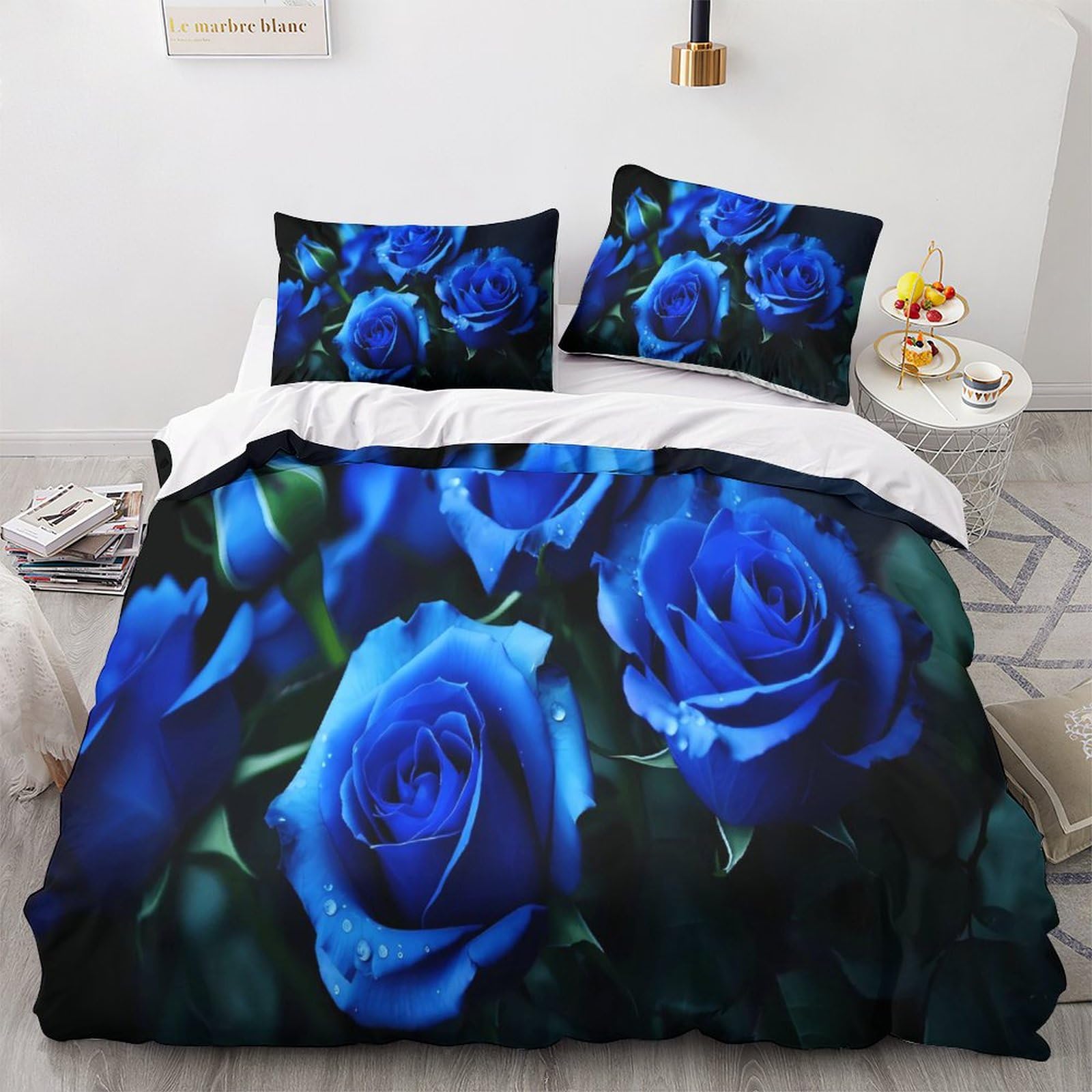 Geeyou Blue Rose Bedding Set Finesse Duvet Cover, Sheet With Pillow Cases Breathable Brushed Microfiber Blooming Flowers Comforter Cover With Hidden Zipper, Luxury Quilt Cover Set King（220X240cm）