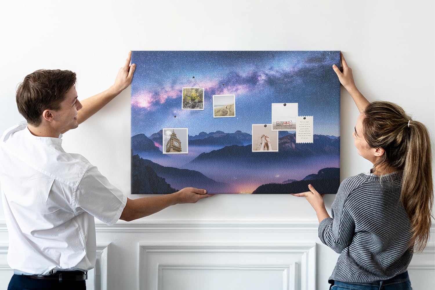 Dekorative Polycanvas Kork-Pinnwand für Ihr Zuhause 100x70 cm Milky Way | Wandbild | Notizbrett | Memoboard | Memowand | Organiser | Steckboard | Pinboard | Wanddeko | Merkzettel | Ordnung